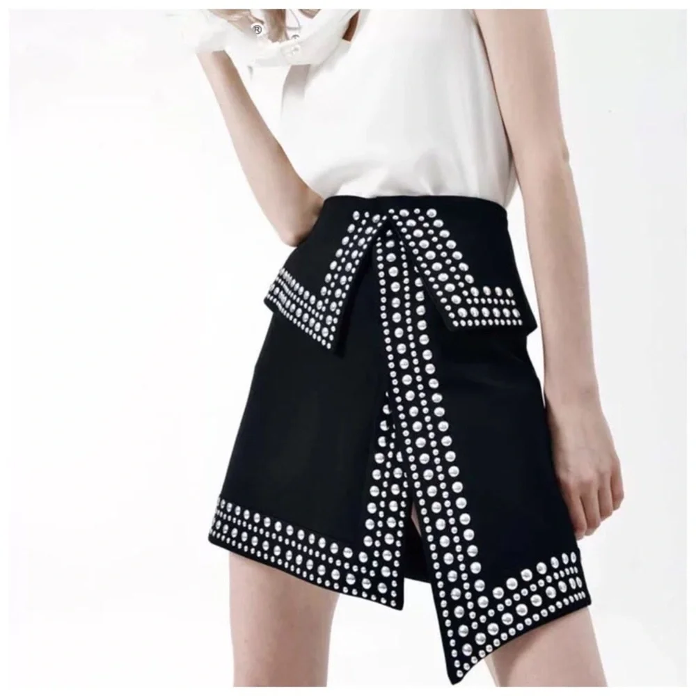 🌺 Black Metal Stud Asymmetrical Skirt - Picture 1 of 8